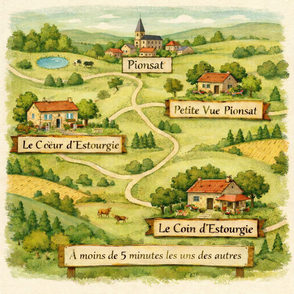 Carte montrant l’emplacement des gîtes Le Cœur d’Estourgie, Petite Vue Pionsat et Le Coin d'Estourgie à Pionsat et aux alentours, en Auvergne.