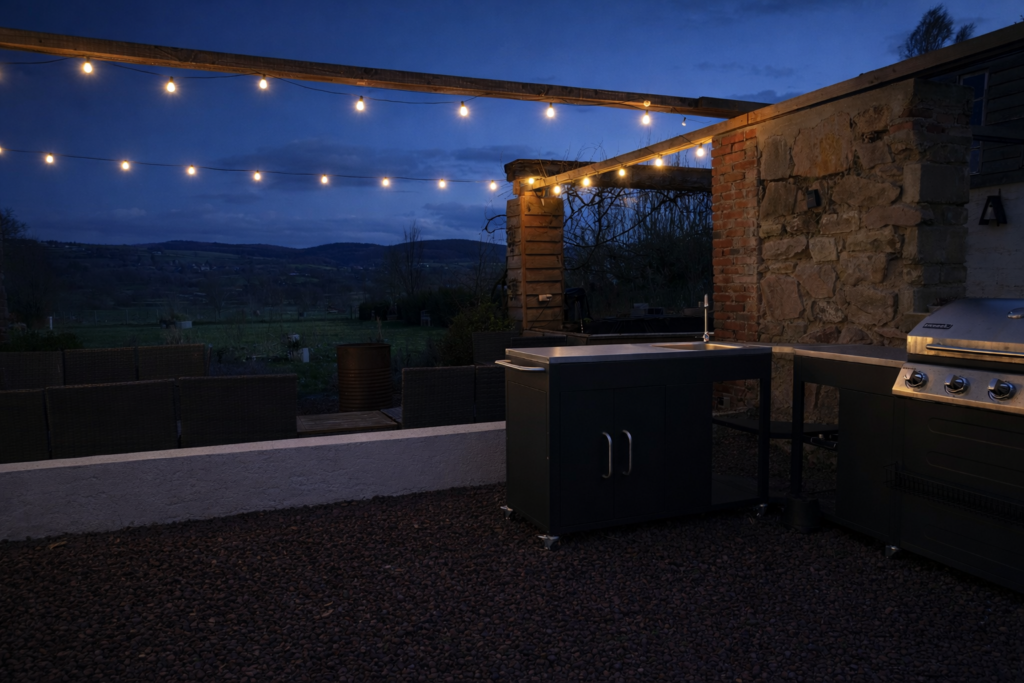 Cuisine extérieure éclairée le soir dans le jardin du gîte