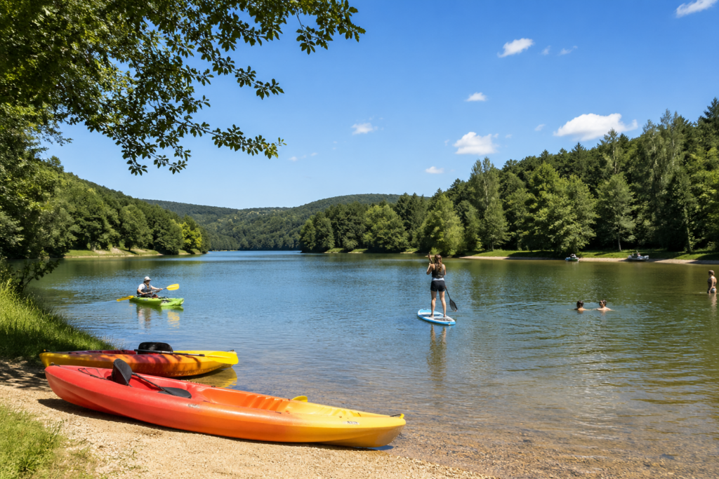Lac des Fades-Besserve avec eau calme entourée de forêts en Auvergne