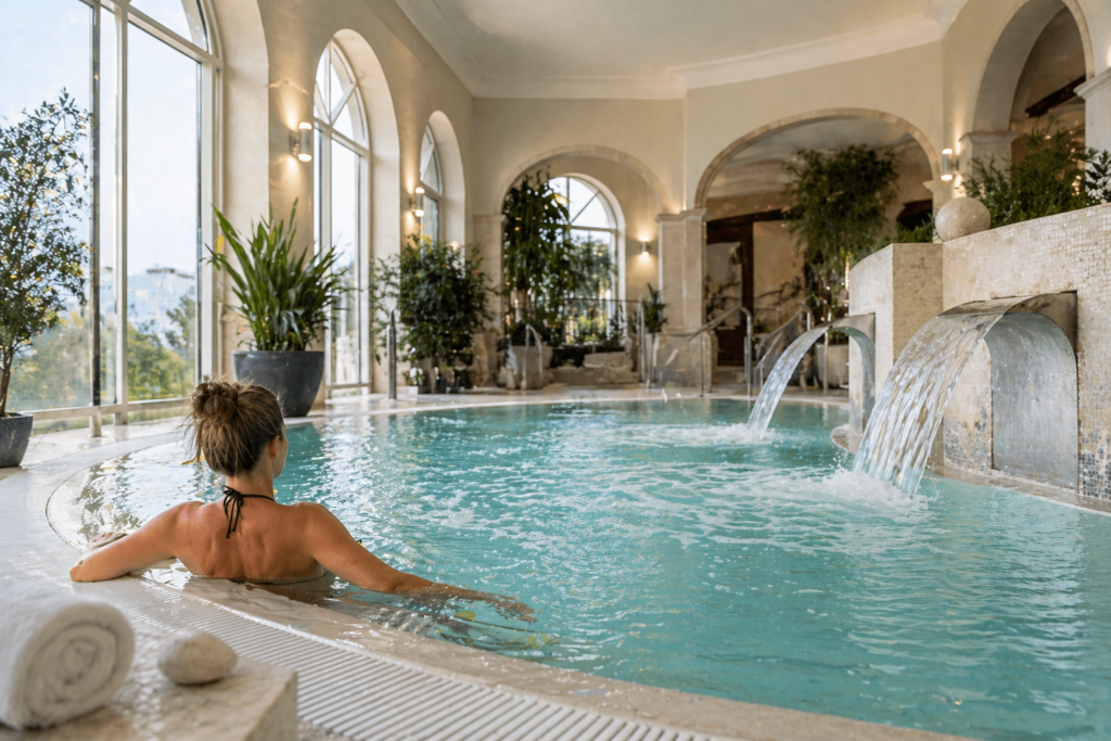 Bassin thermal intérieur avec eau chaude et ambiance relaxante en Auvergne