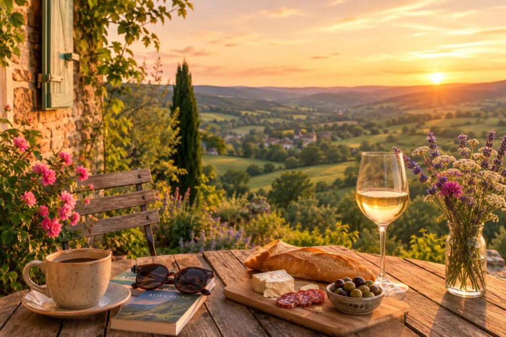 Terrasse avec vue sur les collines des Combrailles au coucher du soleil, un moment de détente à Estourgie.